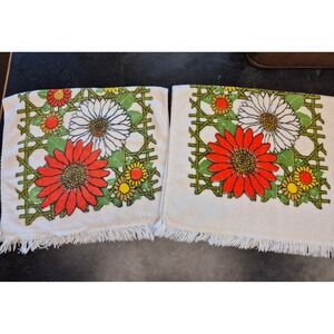Vintage Floral Hand Towels Set of 2 Fringe Retro Daisy Orange MCM Bathroom Decor